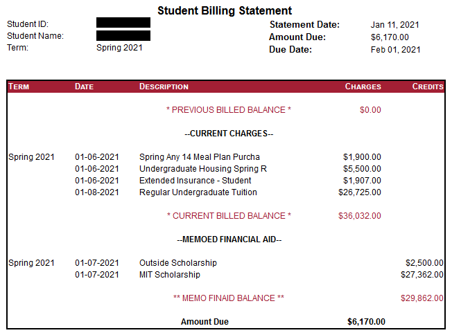 A screenshot of an example student bill.