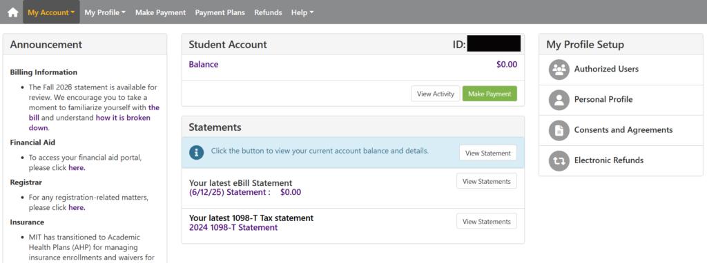 Sample student account profile