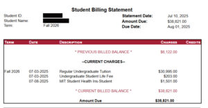 An example of an undergraduate bill with a previous balance.