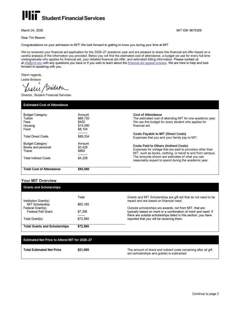 Page one of a sample financial aid offer for a fictional student, Tim Beaver.