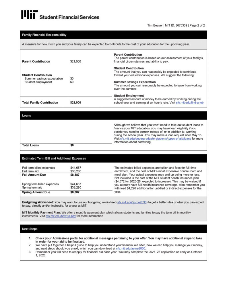 Page two of a sample financial aid offer for a fictional student, Tim Beaver.