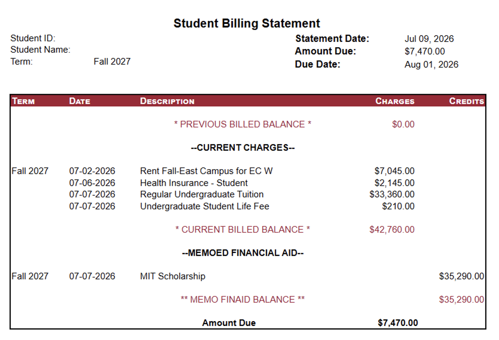 Billing statement.